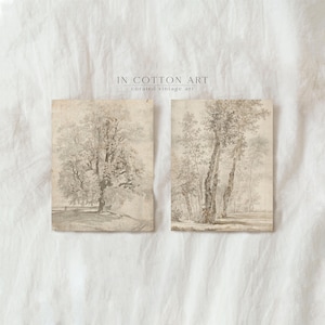 Neutral Vintage Drawing SET of Two / PRINTABLE Tree Sketch Country Art Print / Fall Art SET Digital Download | D82