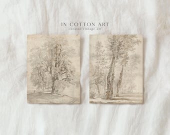 Neutral Vintage Drawing SET of Two / PRINTABLE Tree Sketch Country Art Print / Fall Art SET Digital Download | D82