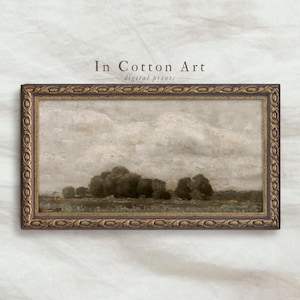 Panoramic Vintage Green Landscape PRINTABLE / Antique Scenery Oil Painting / Narrow Farmhouse Wall Art | P115