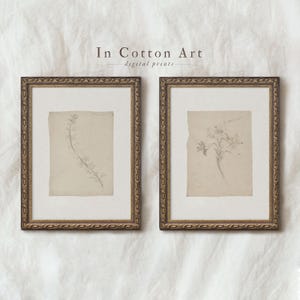 Set of 2 botanical vintage sketches, 2 piece vintage wall art, Printable antique flowers, 2 piece botanical sketch, Neutral vintage wall art