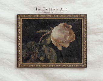 Vintage Moody Still Life Oil Painting / Antique Rose Art Print Download / Dark Flower Painting PRINTABLE | P133