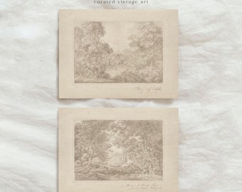 Vintage Neutral Landscape Sketch SET of Two / Antique Forest Drawing PRINTABLE / Beige Gallery Art Print Digital Download | D74