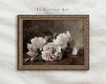 Vintage Peonies Oil Painting / Moody Sill Life Flower Art Print / Dark Academia Art PRINTABLE | P95
