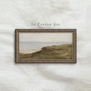 Impresión digital de paisaje costero panorámico, arte mural minimalista junto al mar, pintura de hierba de playa, obra de arte con horizonte oceánico para sobre la cama / P283
