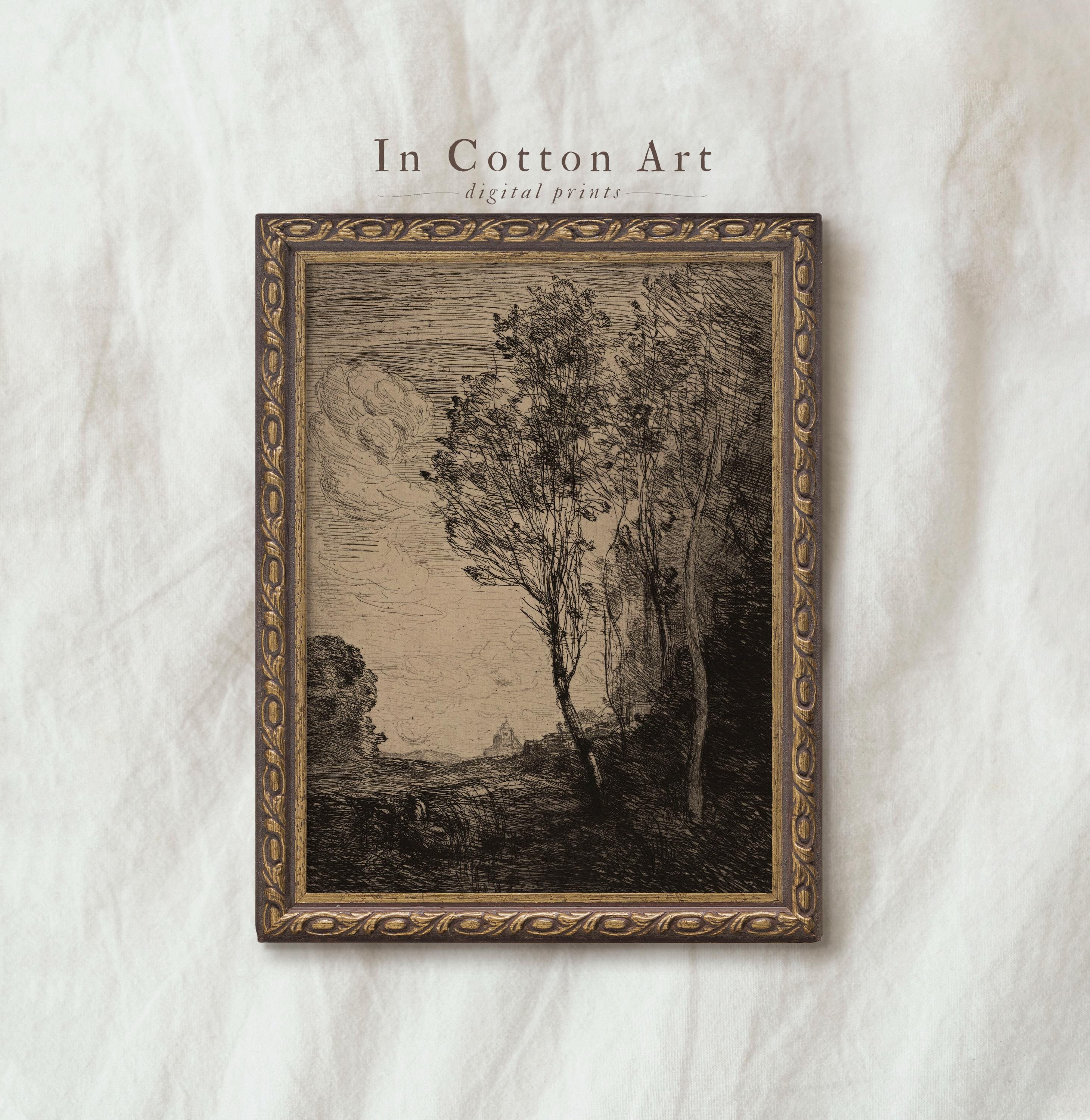 Moody Vintage Landscape Print / Country Farmhouse Sketch / PRINTABLE Digital Antique Art