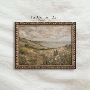 Cyfrowa sztuka krajobrazu nadmorskiego, sztuka klifu nadmorskiego, grafika ścienna z łąką polną, pastelowy nadruk plażowy, wystrój w spokojnej naturze | P289