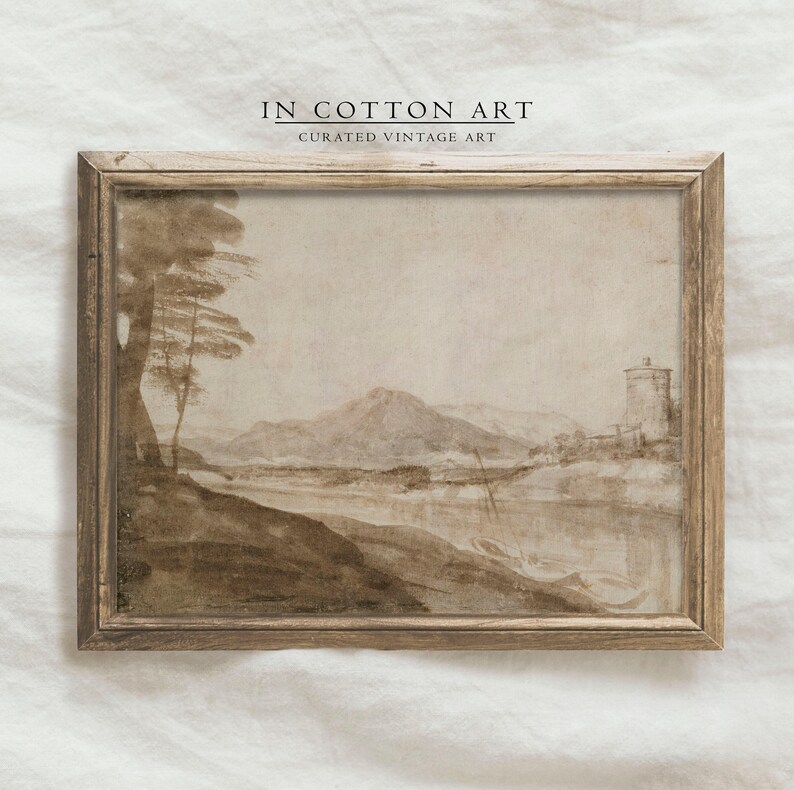 Vintage Rustic Lodge Wall Art / Peaceful Riverside Watercolor Painting / Muted Neutral Landscape PRINTABLE Digital | P180 image 3