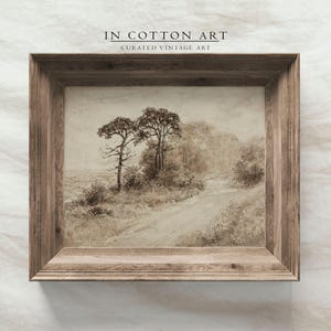 STAMPABILE Dipinto di paesaggio di campagna malinconico / Stampa di schizzo di albero rustico neutro / Decorazione murale di strada di campagna digitale / D67