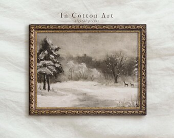 Serene White Forest Painting | Vintage Deer Winter Print DIGITAL | P354