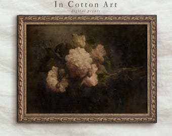 Moody Floral Oil Painting PRINTABLE / Dark Vintage Still Life Print / Antique Peony Bouquet Art Print  | P144