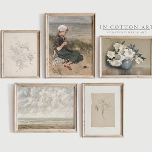 Vintage Muted Nursery Gallery Wall SET / Neutral Coastal Botanical Art Prints / Girls Room Decor Soft Blue and Beige Digital Download | S13