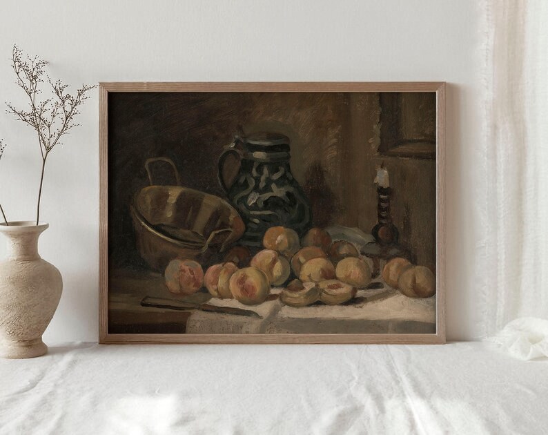 Moody Peach Still Life Oil Painting / Country Kitchen Art Print / Vintage Dark Wall Art / Farmhouse Wall Decor DIGITAL Download | P172 image 6