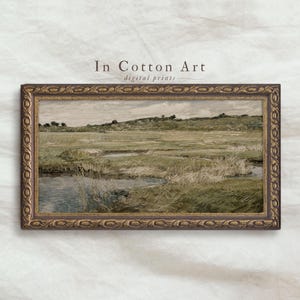 Green Meadow Oil Painting PRINTABLE / Panoramic Landscape Art Print / Vintage Country Scenery Wall Decor | P157