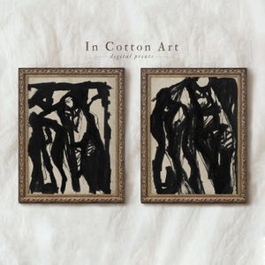 Conjunto de cuadros con formas abstractas neutras / Arte mural ecléctico para imprimir / Estampados vintage en beige y negro / P120