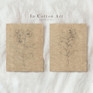 Ensemble de 2 tirages d'art au trait fleur botanique, décoration murale esquisse florale antique, dessin de la nature minimaliste de style vintage IMPRIMABLE | D96