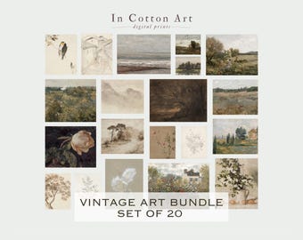 Vintage Wall Art Bundle / Neutral Sketch Art / Landscape Oil Painting SET / Botanical Spring Summer Art Print / Collection of 20 Prints | B1
