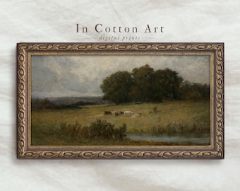 Moody Panoramic Landscape / Vintage Farmhouse Oil Painting PRINTABLE / Narrow Art Print | P72