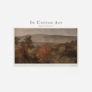 The image is a framed painting depicting a landscape with trees and hills in the background.