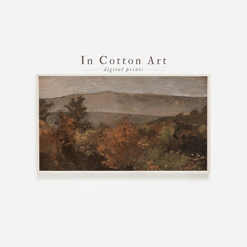 The image is a framed painting depicting a landscape with trees and hills in the background.