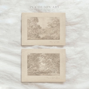 Vintage Neutral Landscape Sketch SET of Two / Antique Forest Drawing PRINTABLE / Beige Gallery Art Print Digital Download | D74