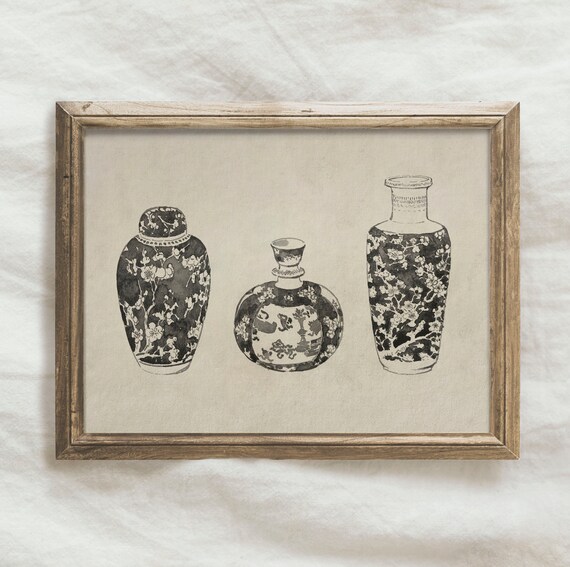Vintage Neutral Kitchen Wall Art / Antique Asian Vases Drawing Etsy