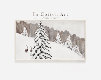 Snowy Winter Landscape Samsung TV Art / Vintage Neutral Pine Tree DIGITAL Art / Christmas Frame TV Art Download | TV57