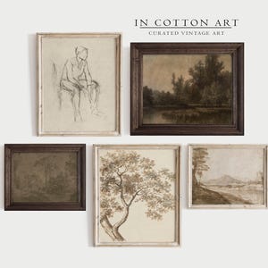 Vintage Neutral Moody Gallery Wall SET / European Wall Art Set of 5 / Dining Room Home Decor / Figure Sketch, Tree Drawing, Landscape | S16