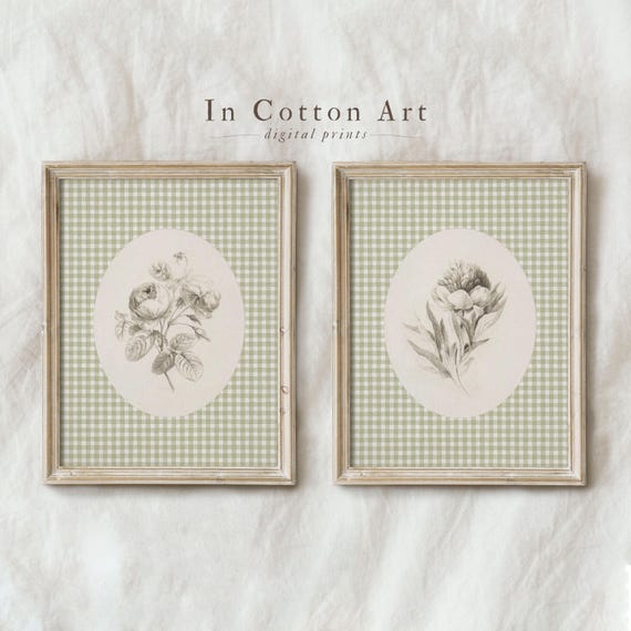 Vintage Floral Sketch Print SET, Lime Cream Botanical Wall Art, Antique Rose Drawing, Farmhouse Gingham Decor, Cottagecore PRINTABLE | D91