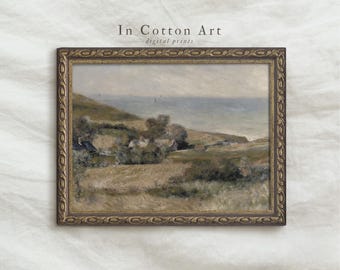 Vintage Coastal Landscape Art PRINTABLE, Antique Countryside Wall Art, Rustic Farmhouse Seaside Artwork, European Coastal Oil Painting |P292