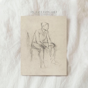 Minimalist Figure Sketch / Vintage Line Drawing PRINTABLE / Male Figure Study Art Print / Neutral Antique Wall Art Digital | D70 image 3