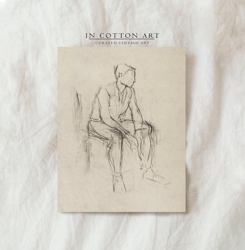 Minimalist Figure Sketch / Vintage Line Drawing PRINTABLE / Male Figure Study Art Print / Neutral Antique Wall Art Digital | D70 image 3