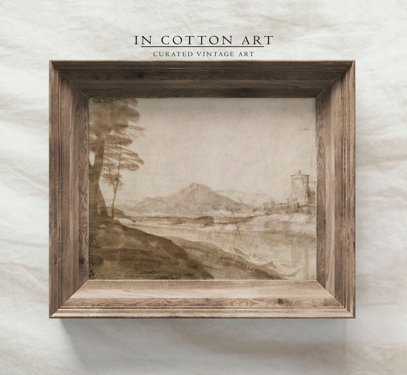 Vintage Rustic Lodge Wall Art / Peaceful Riverside Watercolor Painting / Muted Neutral Landscape PRINTABLE Digital | P180 image 5