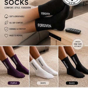 May include: A collection of unisex socks in purple, white, and black, each featuring the word FORGIVEN printed in white or black text. The socks are ribbed and mid-calf length. The image includes text labels such as FORGIVEN SOCKS, CONQUER OVER COMER, and UNISEX ONE SIZE FITS MOST.