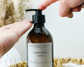 Liquid Hand soap ,Amber glass,300ml, Plant based ingredients, suitable for infants, natural hand soap, luxury soap, cosmetic compliant soap.