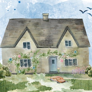 Watercolor Cottage Illustration | Digital Download | Cozy Country Home Wall Art