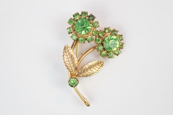 Green Rhinestone Double Flower Brooch - image 2