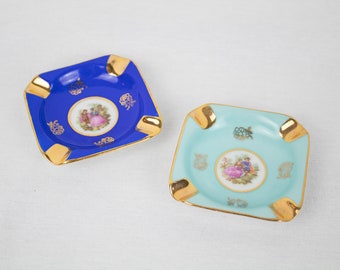 Vintage Bavarian Porcelain Blue and Gold Porcelain Ashtray