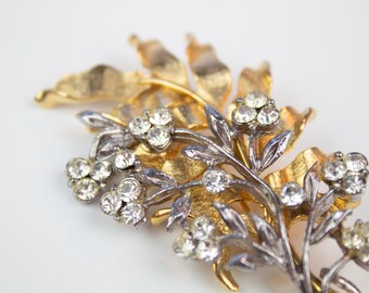 Rhinestone + Gold "Greenery" Mixed Metal Brooch