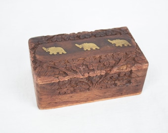 Carved Wood and Brass Elephant Box