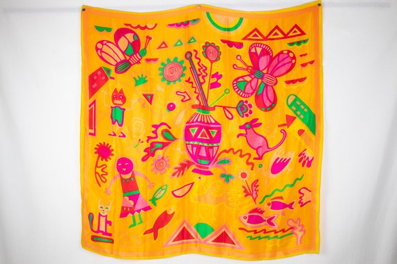 Unique Vintage Yellow "Mother Nature" Silk Scarf - image 2