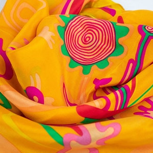Unique Vintage Yellow Mother Nature Silk Scarf image 3