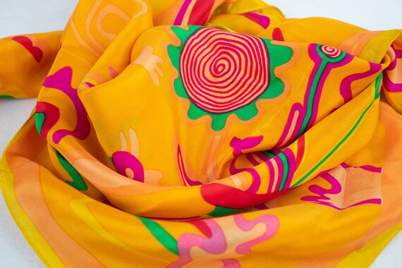 Unique Vintage Yellow "Mother Nature" Silk Scarf - image 3