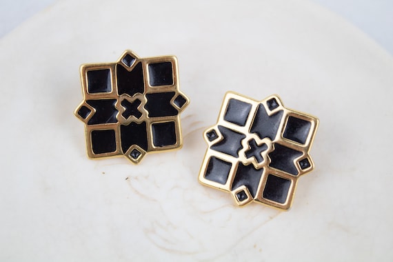 Black and Gold 80s Stud Earrings - image 1