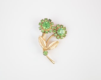 Broche Vintage Fleurs En Alliage Doré Avec Strass Vert - Accessoire De Couture Ou Bijou Fantaisie