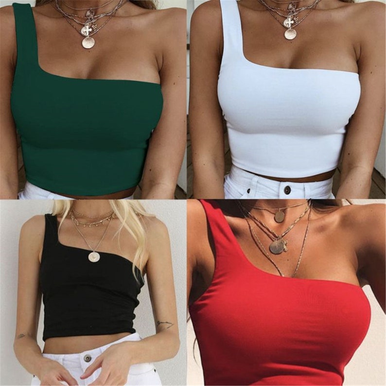 Women Lady Female One Shoulder Crop Tops Sleeveless T-Shirt Tank Tops Summer Beach Vest Bare Summer Fashion Clothes