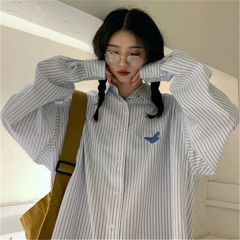 Blouses Shirts Women Spring Striped Thin Loose Vintage Chic Fashion Streetwear Fresh Student All-match Womens Outwear Embroidery