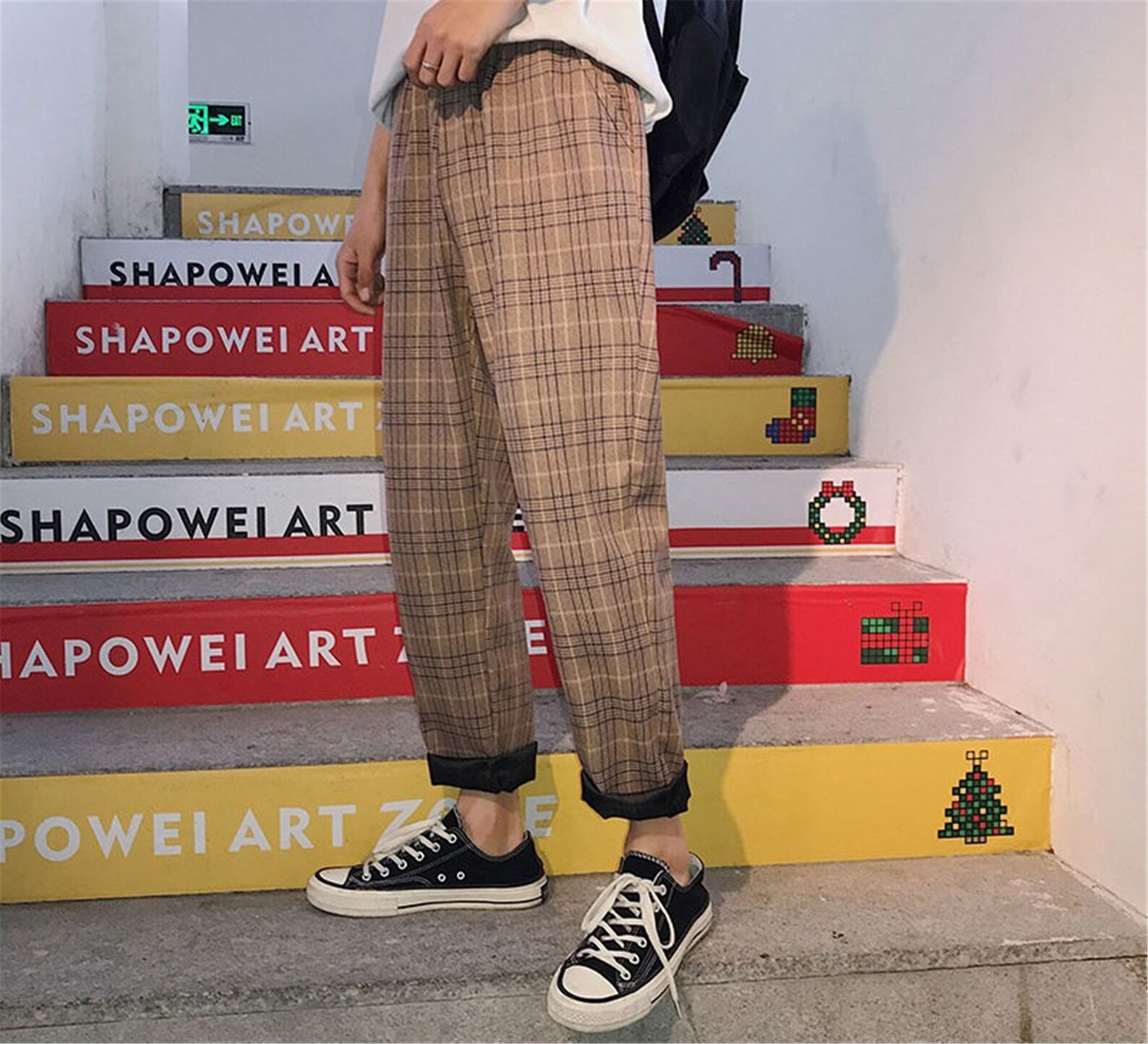 Streetwear Black Plaid Pants Men Joggers Mens Straight Harem | Etsy