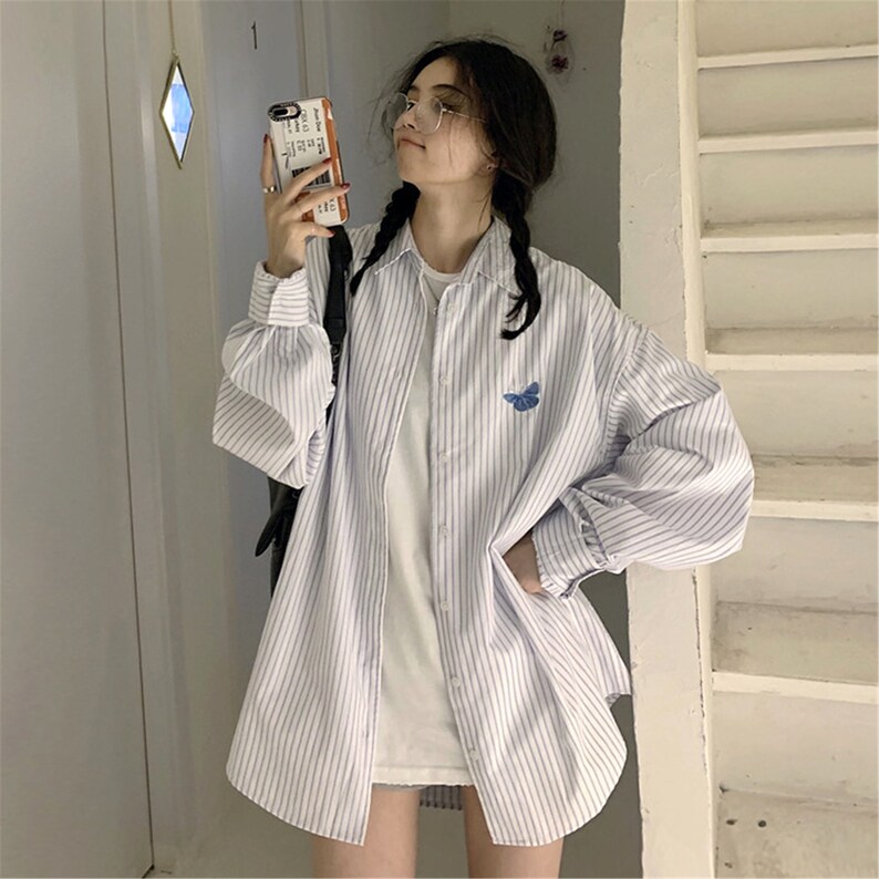 Blouses Shirts Women Spring Striped Thin Loose Vintage Chic Fashion Streetwear Fresh Student All-match Womens Outwear Embroidery