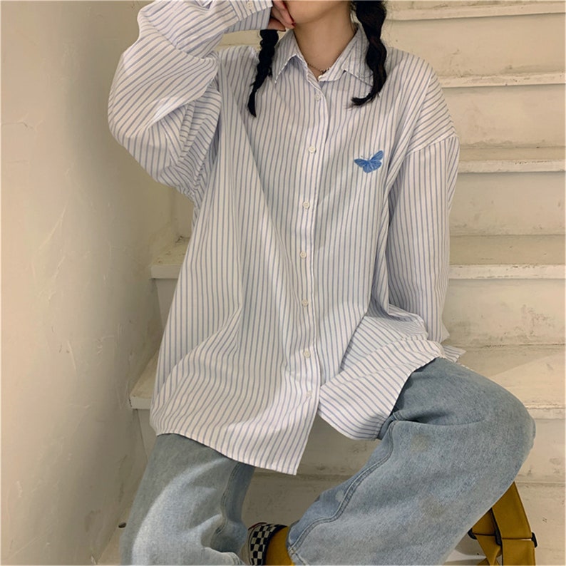 Blouses Shirts Women Spring Striped Thin Loose Vintage Chic Fashion Streetwear Fresh Student All-match Womens Outwear Embroidery