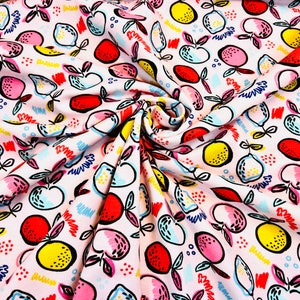 Jersey, GOTS, jersey di cotone con elastici, tessuto con stampa digitale, frutta, mela, limone, tessuto per abiti, tessuto per donna, tessuto per bambini, al metro